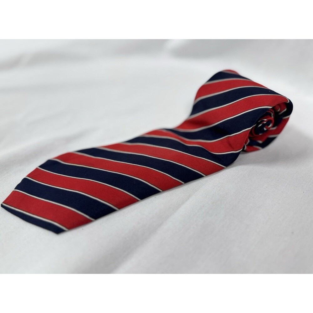 Vintage Harrods Knightsbridge Men's Shop Silk Tie Red Navy Blue Striped England